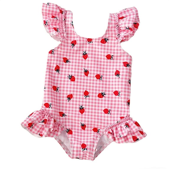 lnmuld Girls One Piece Swimsuit Gingham Cherry Print Ruffle Sleeve Kids Bathing Suit Size:5-6 Years