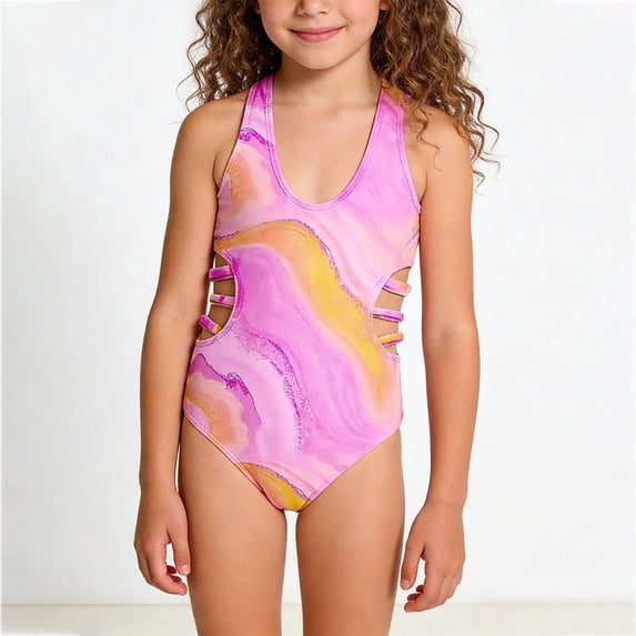 lnmuld Girls' One Piece Swimsuit - Pink Print Side Cutout Strappy High Cut Bathing Suit Size:8-9 Years