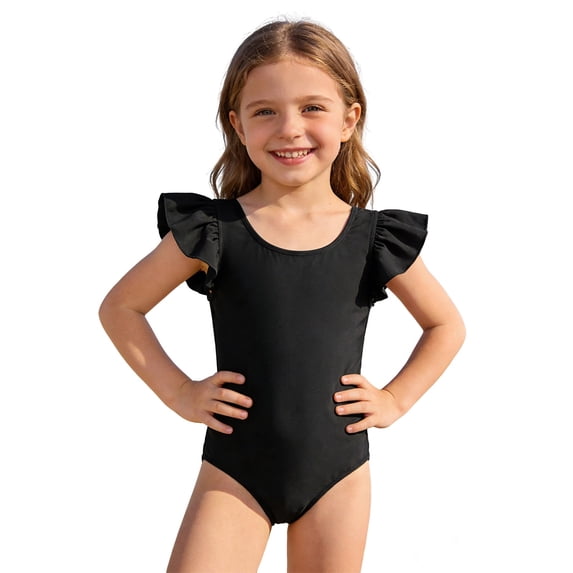 lnmuld Girls One Piece Swimsuit Ruffle Sleeve Solid Kids Bathing Suit for Toddlers Size:6-7 Years