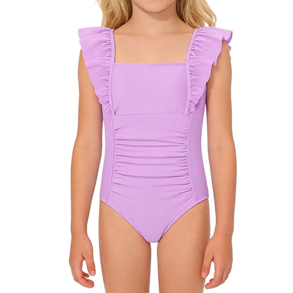 lnmuld Girls One Piece Swimsuit Ruffle Trim Ruched Square Neck Kids Beach Pool Swimwear Size:11-12 Years