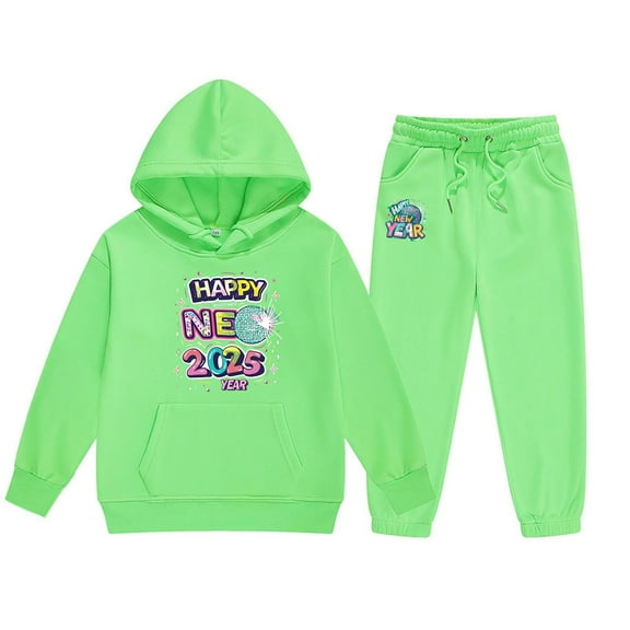 lnmuld Girls Outfits 2 Piece 2025 Year Print Girls Long Sleeve Hooded Sweater and Pants Outfit Set for Older Children Stylish Comfortable Casual Wear Solid Color Size:3-4 Years