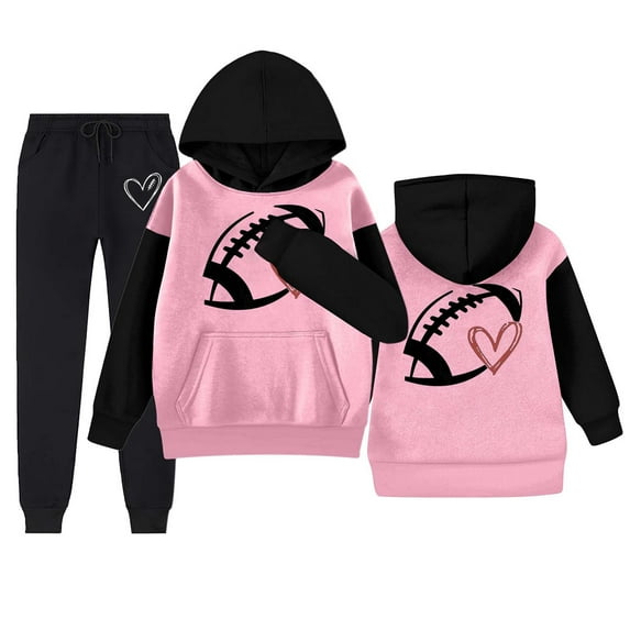 lnmuld Girls Outfits 2 Piece Girls' Autumn Winter Letter Graphic Print Hooded Sweatshirt and Pants Casual Outfit Set with Front Pocket Round Neck Long Sleeve Solid Color Size:10-11 Years