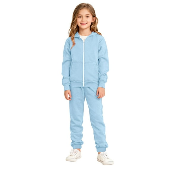 lnmuld Girls Outfits Two Piece Solid Color Girls Long Sleeve Zip Up Hooded Jogger Set Soft Casual Winter Athletic Playground Sportswear Comfy Tracksuit for Toddler Youth Size:3-4 Years
