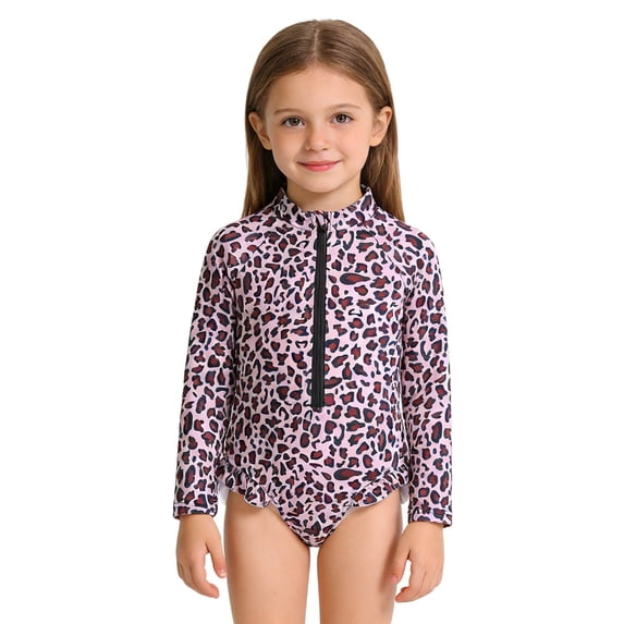 lnmuld Girls Pink Leopard Print Long Sleeve One Piece Swimsuit with Front Zipper and Ruffle UPF 50+ Sun Protection Rash Guard for Kids Size:6-7 Years