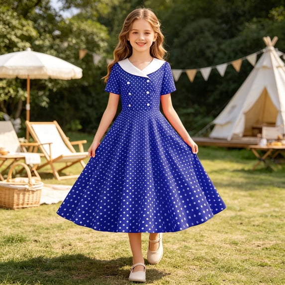 lnmuld Girls Polka Dot Dress Short Sleeve Swing Dress for Casual and Party Wear Size:13-14 Years