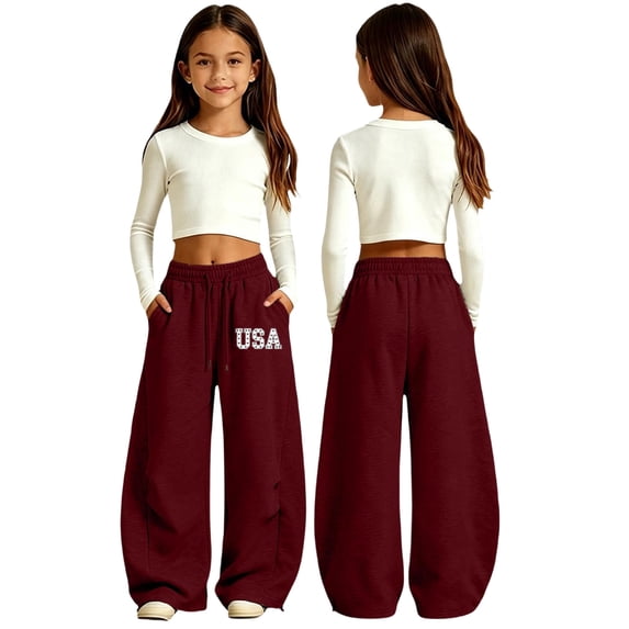 lnmuld Girls’ Polka Dot USA Letter Graphic Drawstring Wide Leg Sweatpants, Polyester Fabric for Daily Casual Wear Wine,10-11 Years