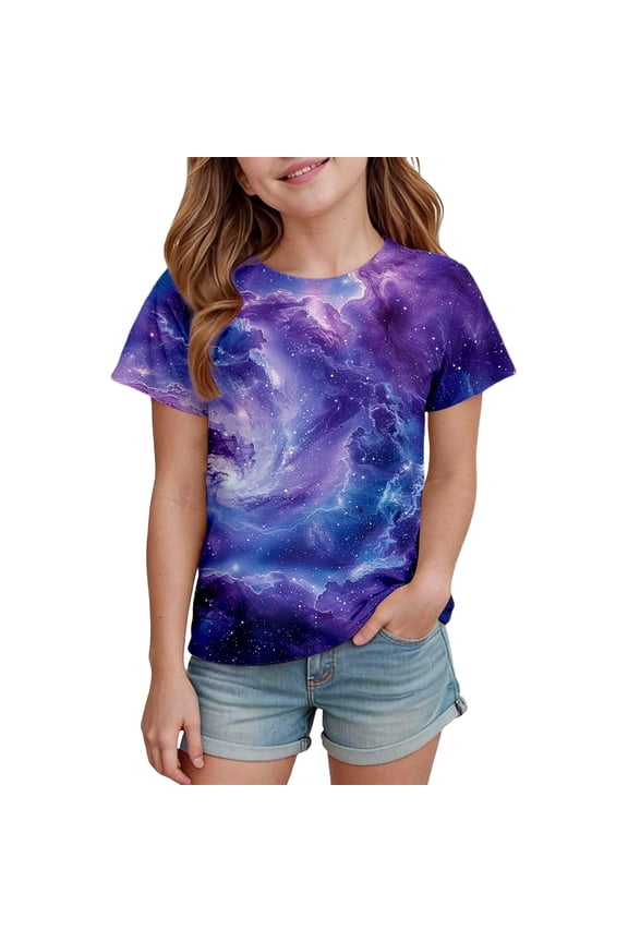 Girls Purple Blue Galaxy Print T-Shirt Short Sleeve Round Neck Casual Everyday Play Tee Size:3-4 Years