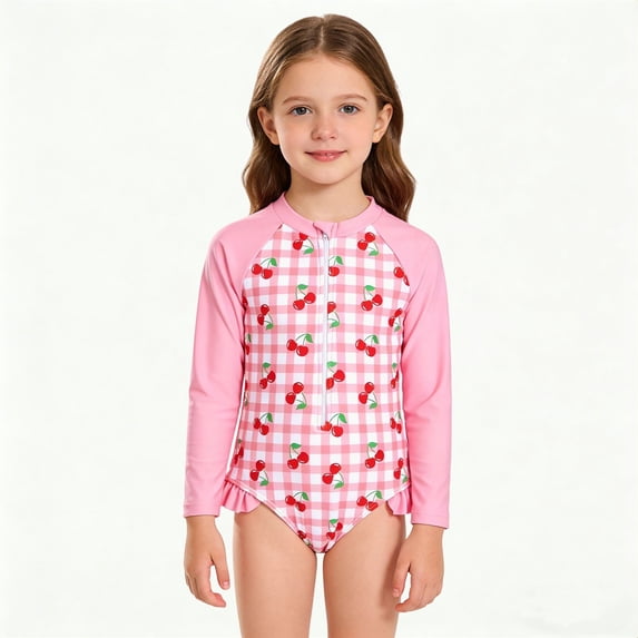 lnmuld Girls Rash Guard Cherry Gingham Print Long Sleeve UPF 50+ One Piece Swimsuit Size:5-6 Years