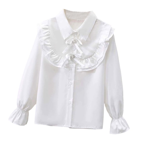 lnmuld Girls Ruffle Collar Rhinestone Bow Blouse Long Sleeve Button Down Solid Shirt for Tween Kids School Party Daily Tops Size:3-4 Years