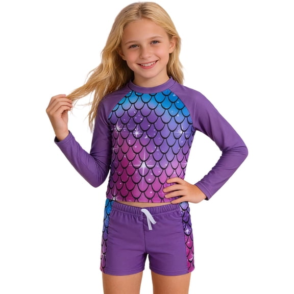 lnmuld Girls Scale Print 2 Piece Swimsuit Set - V Neck & Flutter Sleeves for Beach Pool Summer Wear Color:Purple,Size:5-6 Years