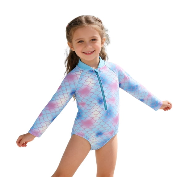 lnmuld Girls Scale Print Long Sleeve One Piece Swimsuit with Front Zipper UPF 50+ Sun Protection Rash Guard for Kids Size:5-6 Years