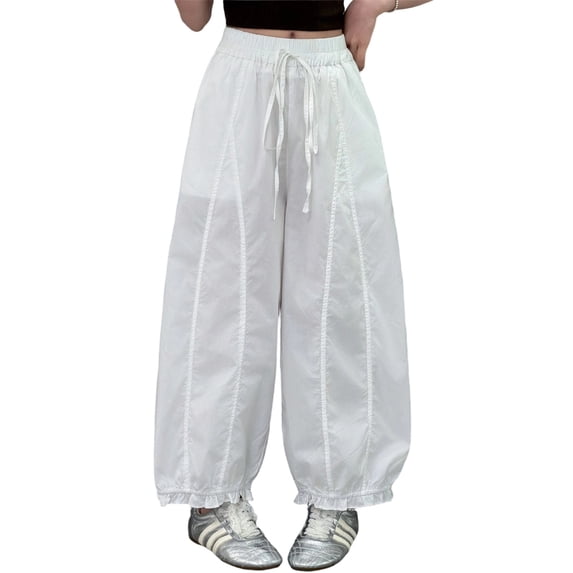 lnmuld Girls Shirred Vertical Stitch Lantern Pants All Elastic High Waist Drawstring Ruffled Ankle Summer Casual Bottoms Size:9-10 Years