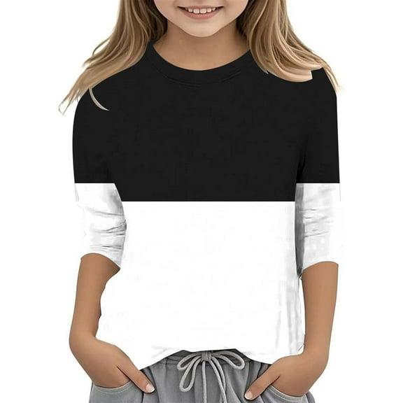 lnmuld Girls Shirts Fashionable Casual Color Block Round Neck Three Quarter Sleeve Versatile Tee Shirt Top Size:11-12 Years