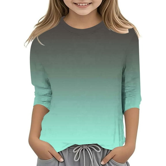 lnmuld Girls Shirts Fashionable Gradient Print Girls Casual Tee with Round Neck and Three Quarter Sleeve Versatile Daily Wear Top Size:7-8 Years