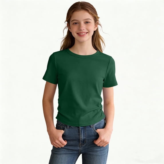 lnmuld Girls' Short Sleeve Tee Solid Black Crew Neck Fitted Casual Top Size:11-12 Years