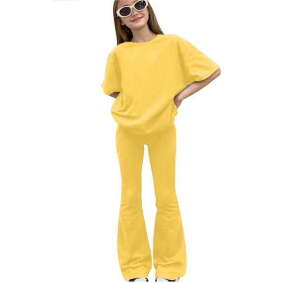 lnmuld Girls Solid Color 2Pcs Outfit, Oversized Short Sleeve T-Shirt & Flare Pants Set Color:Yellow,Size:8-9 Years