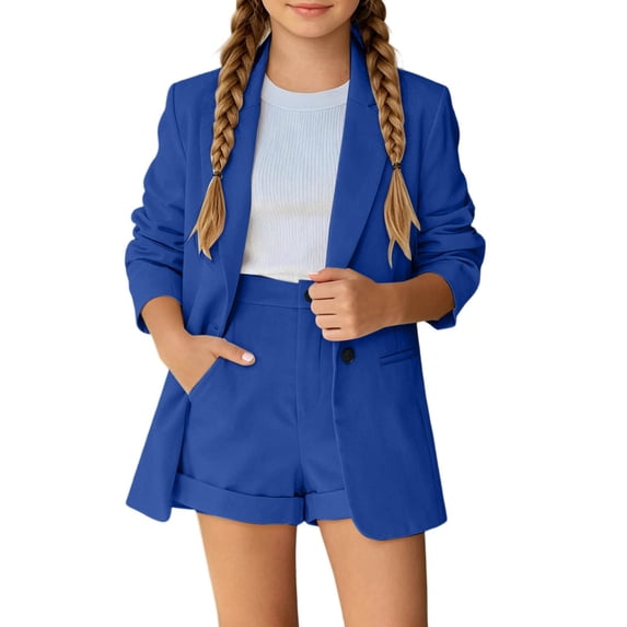 lnmuld Girls Solid Color Blazer & Shorts Set, 2Pcs formal Outfit for Special Occasions Color:Blue,Size:7-8 Years