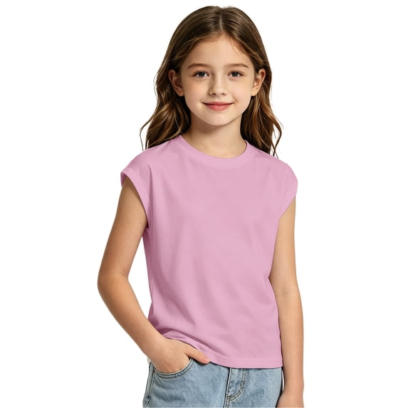 lnmuld Girls Solid Color Cap Sleeve T-Shirt Color:Pink,Size:11-12 Years