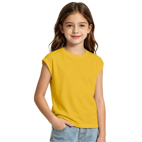 lnmuld Girls Solid Color Cap Sleeve T-Shirt Color:Yellow,Size:7-8 Years