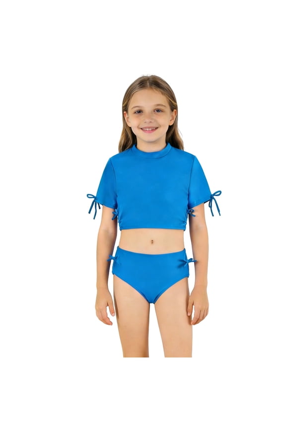 Girls Solid Color High Waist Two Piece Bikini Set Adjustable Tie Swimwear Teen Junior Beach Bathing Suit Size:11-12 Years