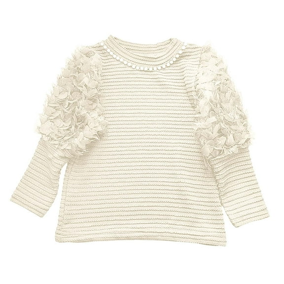 lnmuld Girls Solid Color Long Sleeve Tops with Beaded Design Round Neck Casual Tees for Toddler and Kids Soft Comfortable Daily Wear Size:3-4 Years