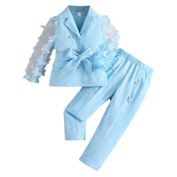 lnmuld Girls Solid Color Mesh Sleeve Blazer Set, formal 2-Piece Outfit Color:Blue,Size:2-3 Years