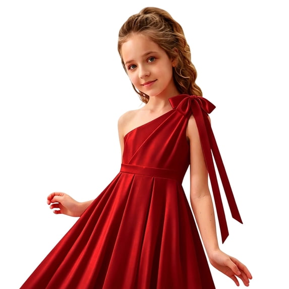 lnmuld Girls Solid Color One Shoulder Bow Tie formal A-Line Midi Dress Size:17-18 Years