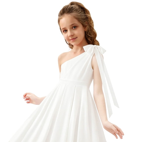 lnmuld Girls Solid Color One Shoulder Bow Tie formal A-Line Midi Dress Size:5-6 Years