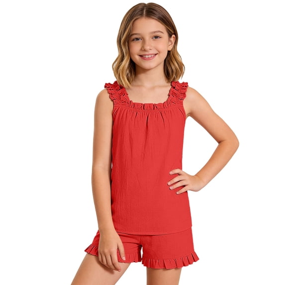 lnmuld Girls Solid Color Ruffle Trim 2-Piece Set, Sleeveless Tank Top & Shorts Outfit Color:Red,Size:13-14 Years