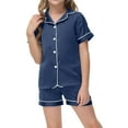 thumbnail image 1 of lnmuld Girls Solid Color Satin Short Pajama Set, Button-Down Top & Shorts Sleepwear Color:Dark Blue,Size:12-13 Years, 1 of 6