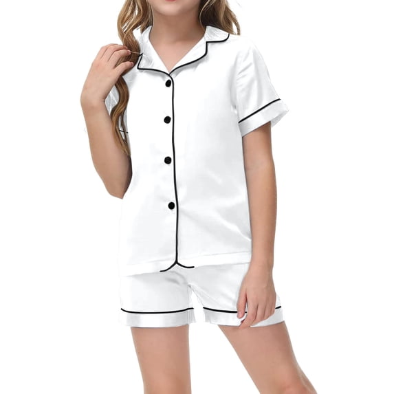lnmuld Girls Solid Color Satin Short Pajama Set, Button-Down Top & Shorts Sleepwear Color:White,Size:12-13 Years