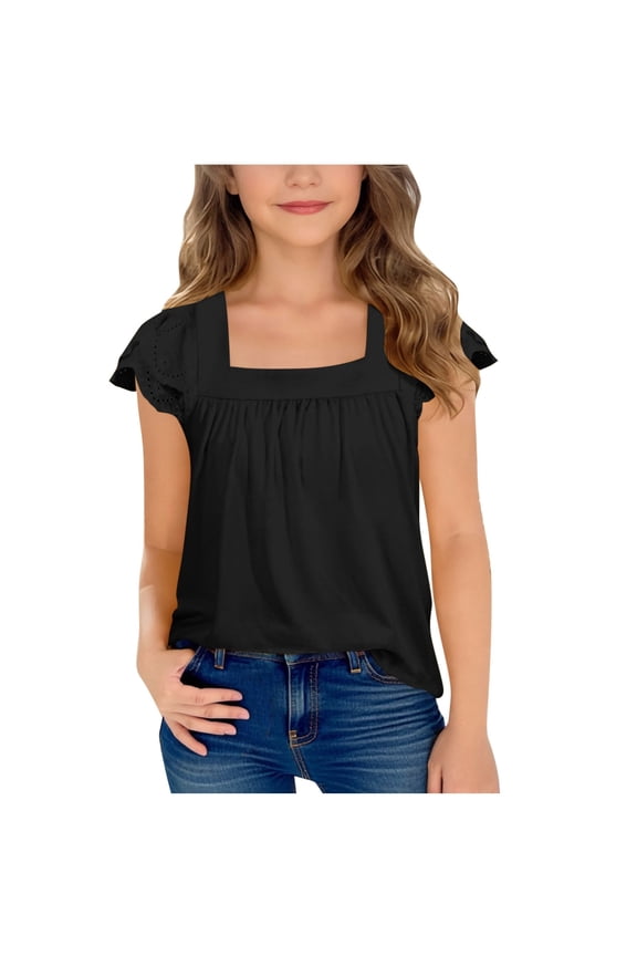 Girls Solid Color Summer Casual Short Sleeve Top, Hollow Out Lace Flutter Sleeve Round Neck Tee for Big Kids Size:11-12 Years