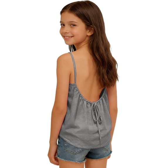 lnmuld Girls Solid Color Summer Spaghetti Strap Camisole, Sleeveless Backless Flowy Loose Top Size:12-13 Years