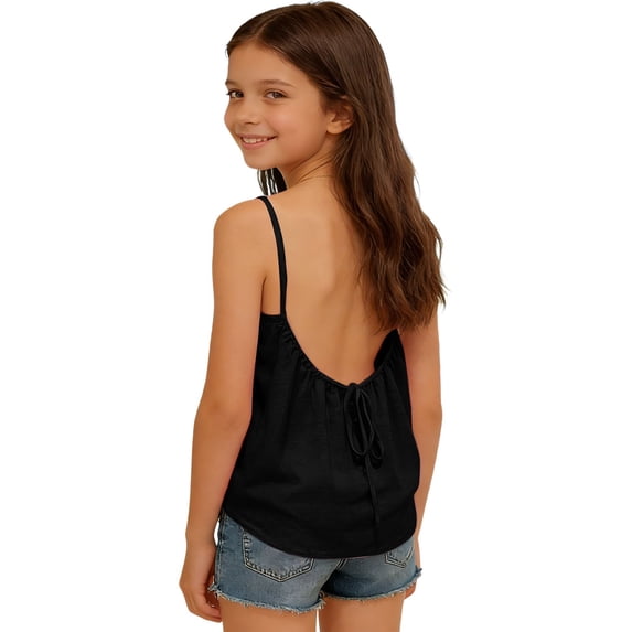 lnmuld Girls Solid Color Summer Spaghetti Strap Camisole, Sleeveless Backless Flowy Loose Top Size:14-15 Years