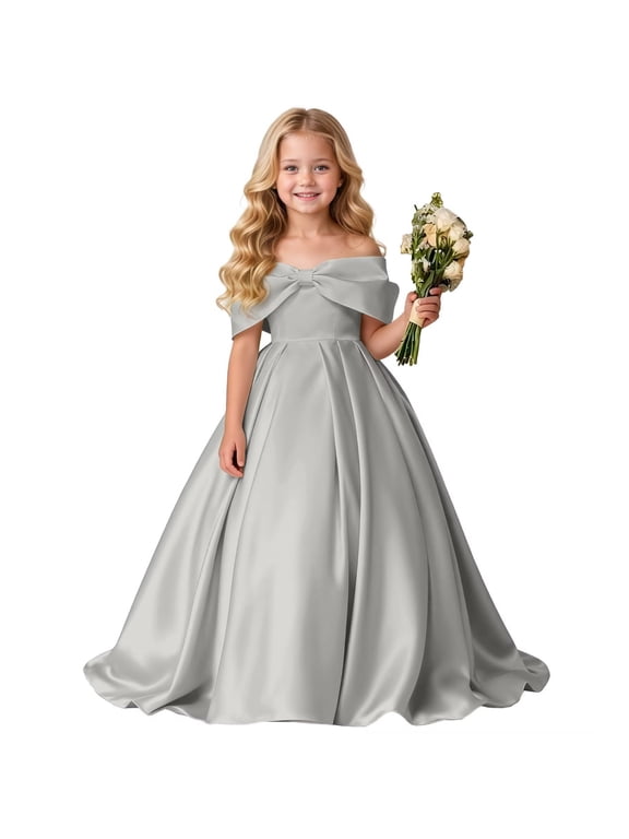 Girls Solid Color off Shoulder Satin Princess Long Dress Flower Girl Wedding Bridesmaid Pageant Gown Size:14-15 Years