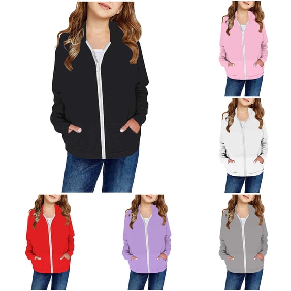 lnmuld Girls Solid Full Zip Hoodie Long Sleeve with Kangaroo Pocket Casual Lightweight Outerwear Black,5-6 Years
