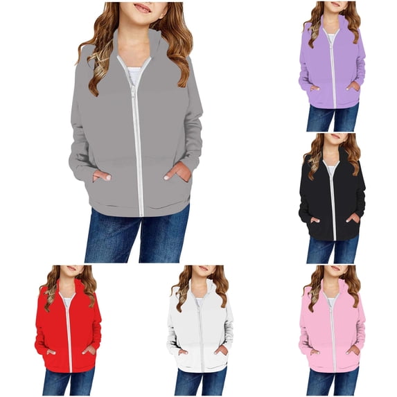 lnmuld Girls Solid Full Zip Hoodie Long Sleeve with Kangaroo Pocket Casual Lightweight Outerwear Grey,5-6 Years