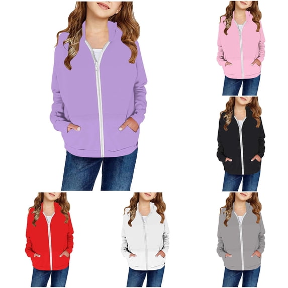 lnmuld Girls Solid Full Zip Hoodie Long Sleeve with Kangaroo Pocket Casual Lightweight Outerwear Purple,11-12 Years