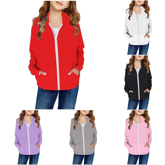 lnmuld Girls Solid Full Zip Hoodie Long Sleeve with Kangaroo Pocket Casual Lightweight Outerwear Red,12-24 Months