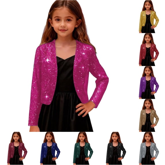 lnmuld Girls Solid Glitter Open Front Bolero Jacket Long Sleeve Cropped formal Shrug Coat Hot Pink,4-5 Years