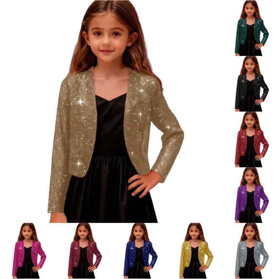 lnmuld Girls Solid Glitter Open Front Bolero Jacket Long Sleeve Cropped formal Shrug Coat Khaki,7-8 Years