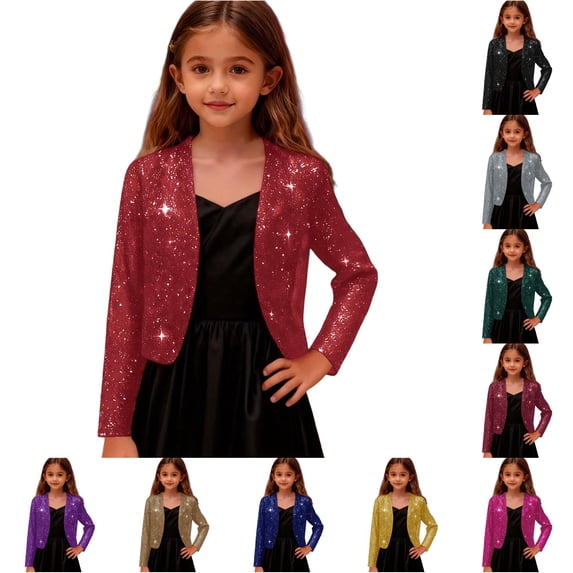 lnmuld Girls Solid Glitter Open Front Bolero Jacket Long Sleeve Cropped formal Shrug Coat Red,5-6 Years