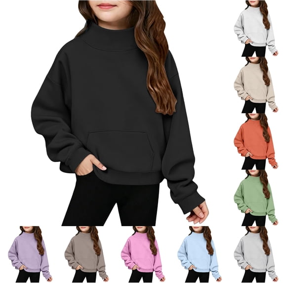 lnmuld Girls Solid Mock Neck Sweatshirt Long Sleeve Pullover with Front Pocket 11-13 Years,Black