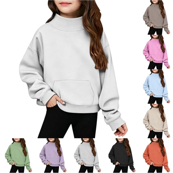 lnmuld Girls Solid Mock Neck Sweatshirt Long Sleeve Pullover with Front Pocket 14-16 Years,White