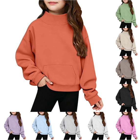 lnmuld Girls Solid Mock Neck Sweatshirt Long Sleeve Pullover with Front Pocket 3-4 Years,Orange
