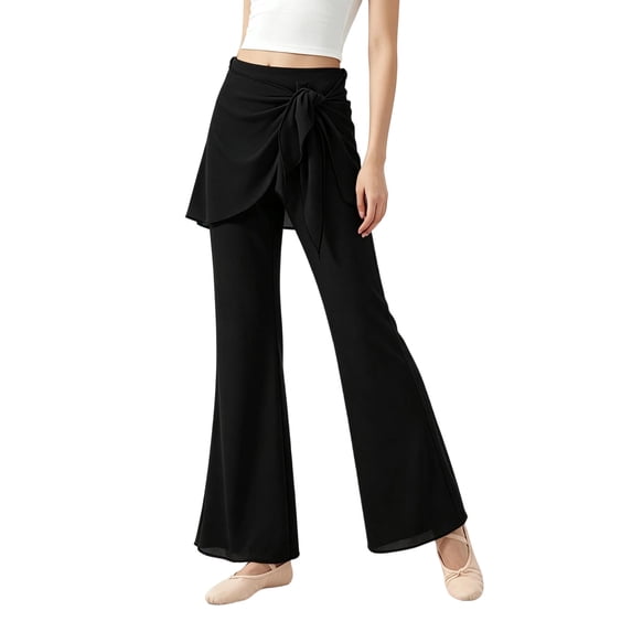 lnmuld Girls' Solid Polyester Skirted Flare Pants with Ruffle Skirt Overlay Black,13-14 Years