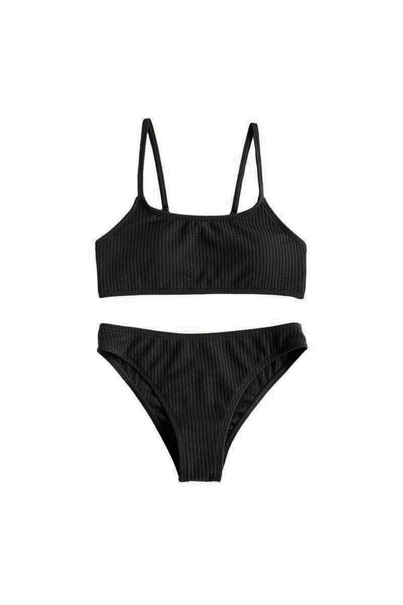 Girls Solid Sleeveless Ribbed Scoop Neck Two Piece Bikini Swimsuit UPF 50+ Sun Protection High Cut for Beach Pool Summer Swim Size:10-11 Years