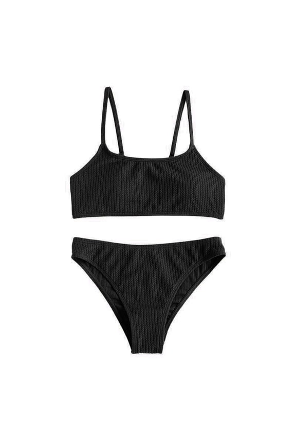 Girls Solid Sleeveless Ribbed Scoop Neck Two Piece Bikini Swimsuit UPF 50+ Sun Protection High Cut for Beach Pool Summer Swim Size:12-13 Years