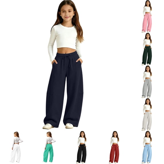 lnmuld Girls Solid Wide Leg Sweatpants Soft Casual Drawstring Loose Trousers with Pockets Navy,10-11 Years