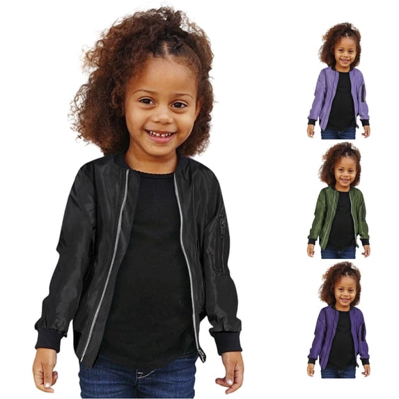 lnmuld Girls Solid Zip Up Bomber Jacket Long Sleeve Zipper Pocket Casual Outerwear Black,3-4 Years